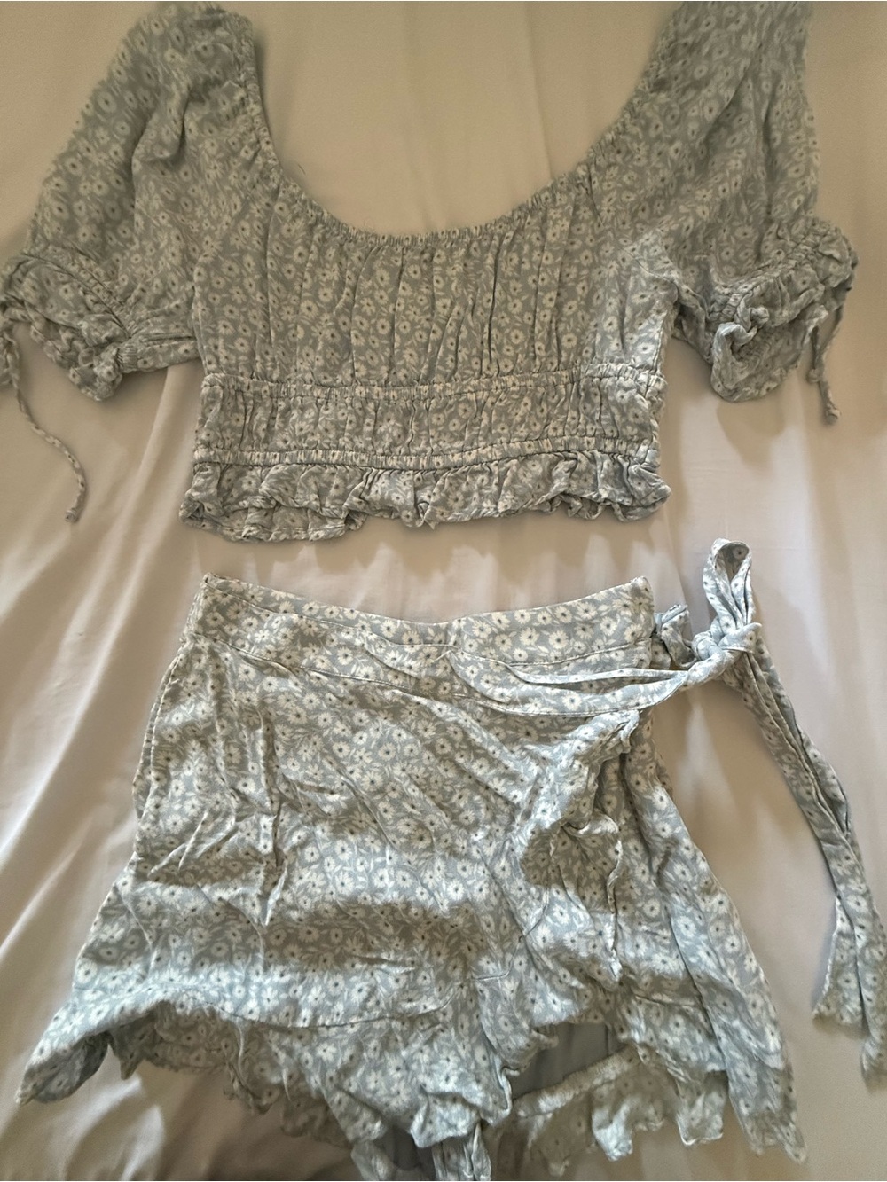Red Dress Boutique Light Blue Floral Ruffle Crop Top & Wrap Skort Set